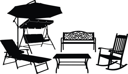 Silhouette Illustration of Outdoor Garden Furniture Set with Swing, Rocking Chair, Bench, Table, Lounger, and Patio Umbrella Design