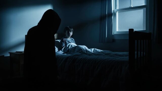 Creepy night visitor is lurking in dark bedroom while child is sleeping soundly in bed. Creepy night visitor, seen as dark silhouette, causes anxiety and fear for young boy in pajamas.