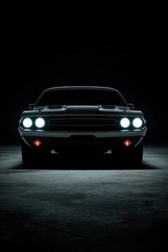 Classic American Muscle Car in Dark Setting with Headlights On.