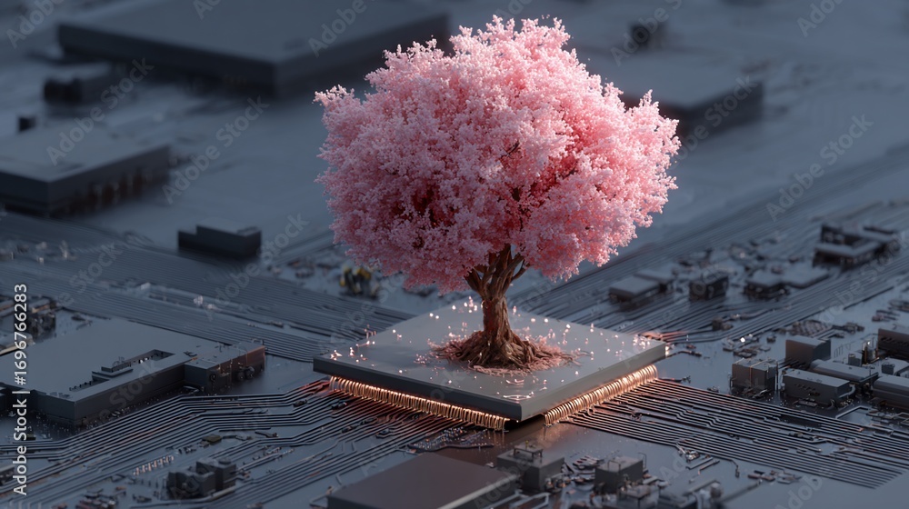 Poster sakura tree growing on computer chip platform, set on a circuit board