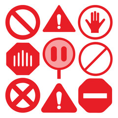 Assortment of Red Prohibition and Warning Signs on White Background stop no entry