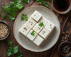 A simple elegant arrangement of cubed tofu with garnishes and dipping sauce presented on a rustic wooden surface