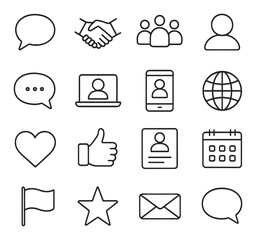 Set of 16 minimalist communication and social media icons on grey background