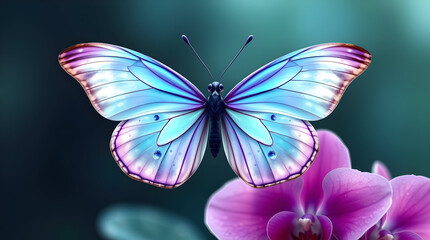 Mystical Butterfly and Orchid Logo Design: Hyperrealistic, Translucent Wings with Geometric Shapes in Purple, Pink, and Pearly White. Magical, Ethereal Brand Identity