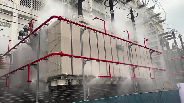 Transformer fire protection substation system with cooling mist suppression action, water spray and red pipe network surround large power equipment as heavy steam rises, safety control urban
