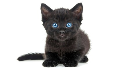 Adorable Black Kitten with Striking Blue Eyes on White Backdrop Display