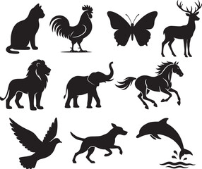 Fototapeta premium Collection of diverse animal silhouettes featuring cat rooster butterfly deer lion elephant horse dog dolphin and dove silhouette