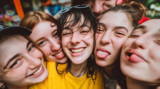 Young friends huddling close, making goofy expressions, sharing laughter, enjoying carefree friendship moment