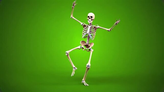 Animated skeleton dancing with arms raised against a solid green colored background illustration halloween skelton green screen video