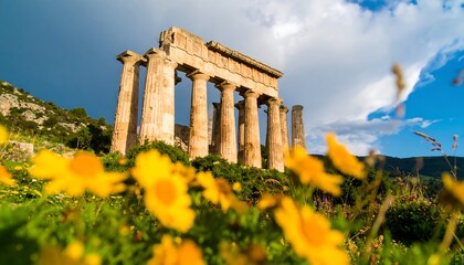 Fototapeta premium Ancient corinth ruins juxtaposed with vibrant wildflowers in foreground