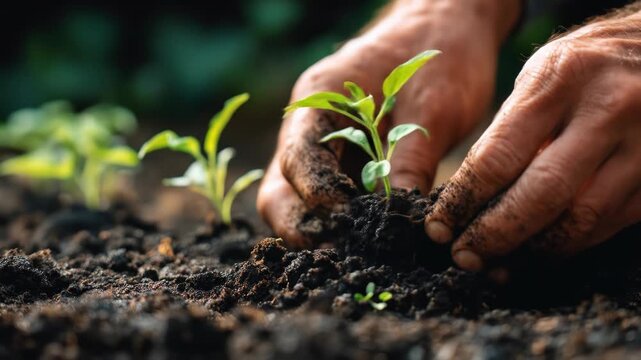 Hands planting seedlings in dark soil