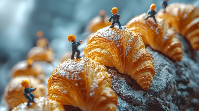 Miniature construction figures playfully climb a mountain of freshly baked croissants dusted with powdered sugar