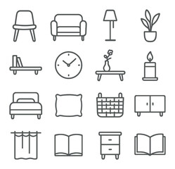 Minimalist home icon set featuring furniture and decor elements