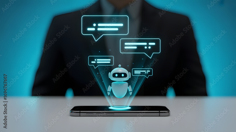 Poster digital chatbot interaction: a person interacts with a digital chatbot on a phone, with conversation