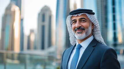 Mature cheerful mature Arabian businessman standing look at camera on big city blurred background