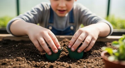 Child Planting Seedlings in Greenhouse Soil.
