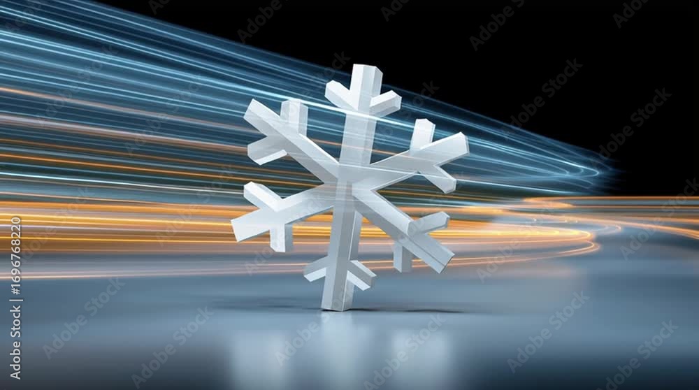Poster white snowflake sculpture stands prominently against a blurred background of vibrant light trails, c