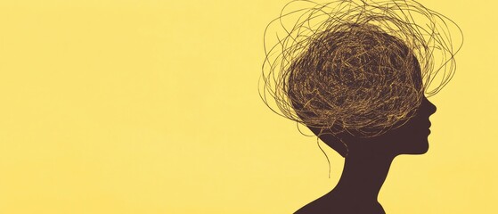 Mental health and brain disorder concept, World Mental Health Day, Alzheimer and psychology themes, tangle of thoughts with a clear line on brown speech bubble, yellow background, mental wellness