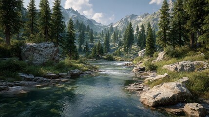 The sunlight streams dramatically over the mountain peaks, creating a vibrant and peaceful natural scene perfect for themes of adventure, wilderness, or environmental inspiration