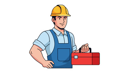 Confident Technician with Toolbox: A skilled technician, confidently poised in work overalls and hard hat, cradles a well-worn toolbox. The image speaks to professionalism and dependability. 