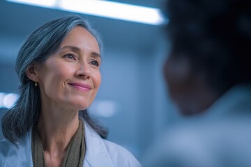Fototapeta premium Smiling healthcare professional engages in conversation with patient in a clinical environment during daylight hours
