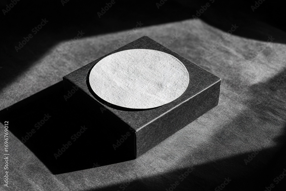 Poster elegant black box with a round label on a textured surface during low light conditions