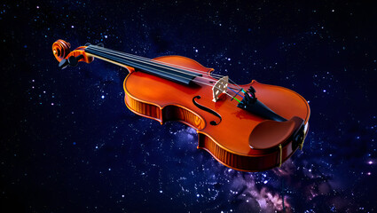 Fototapeta premium Acoustic violin floating in a starry galaxy with nebulae and cosmic dust, representing music