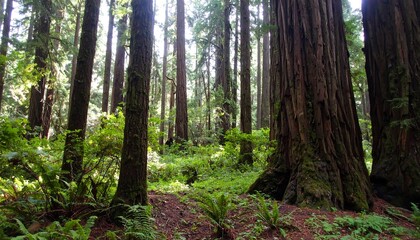 Ancient redwood forest with lush undergrowth and towering trees