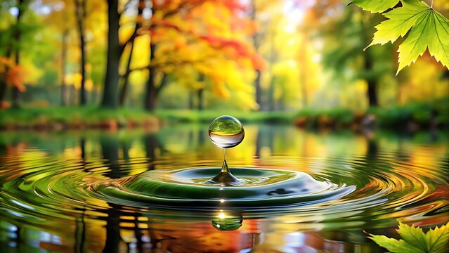 Water drop falling into lake with autumn forest reflected in the water