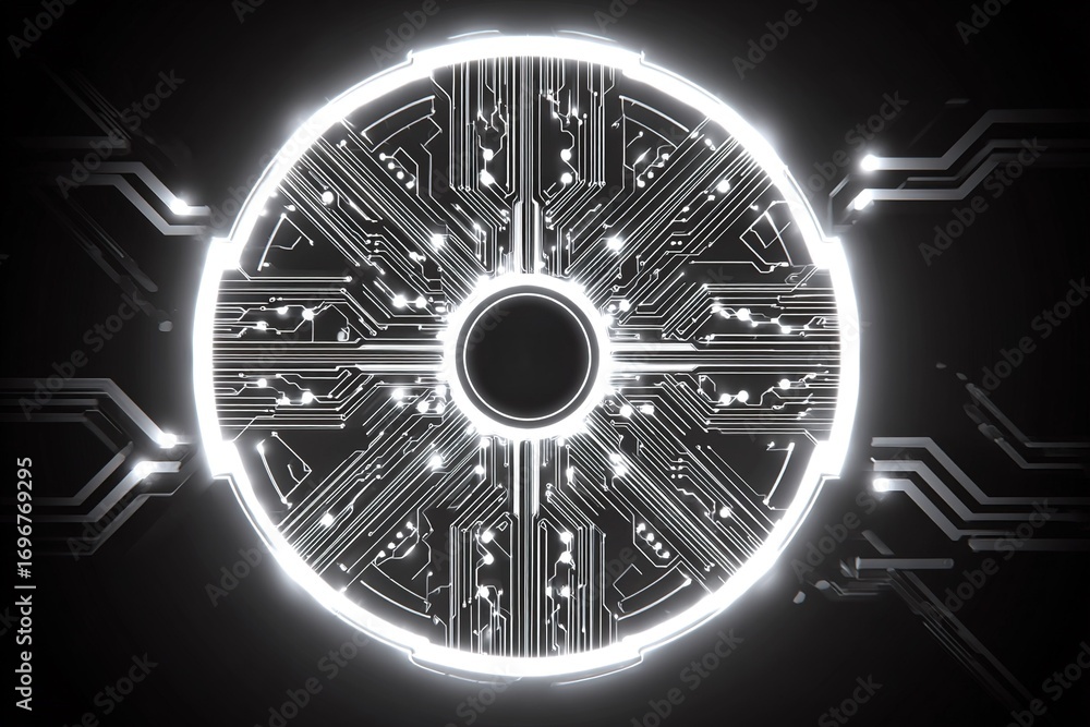 Poster futuristic circular circuit design with glowing elements and intricate patterns in a dark background