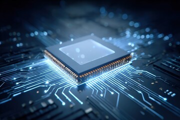 High-tech microprocessor on a circuit board showcasing intricate connections and glowing pathways during evening light