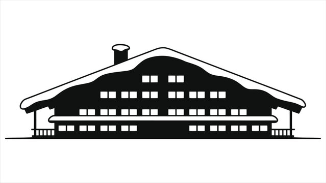Vector Ski Chalet Hotel Illustration &ndash; Black and White Alpine Lodge with Snowy Rooftop, Traditional Mountain Ski Resort Accommodation, Minimalist Winter Graphic