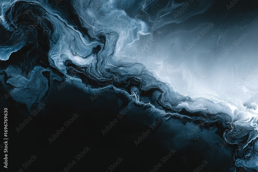 Poster abstract swirling patterns create a mesmerizing visual effect with shades of blue and black, evoking