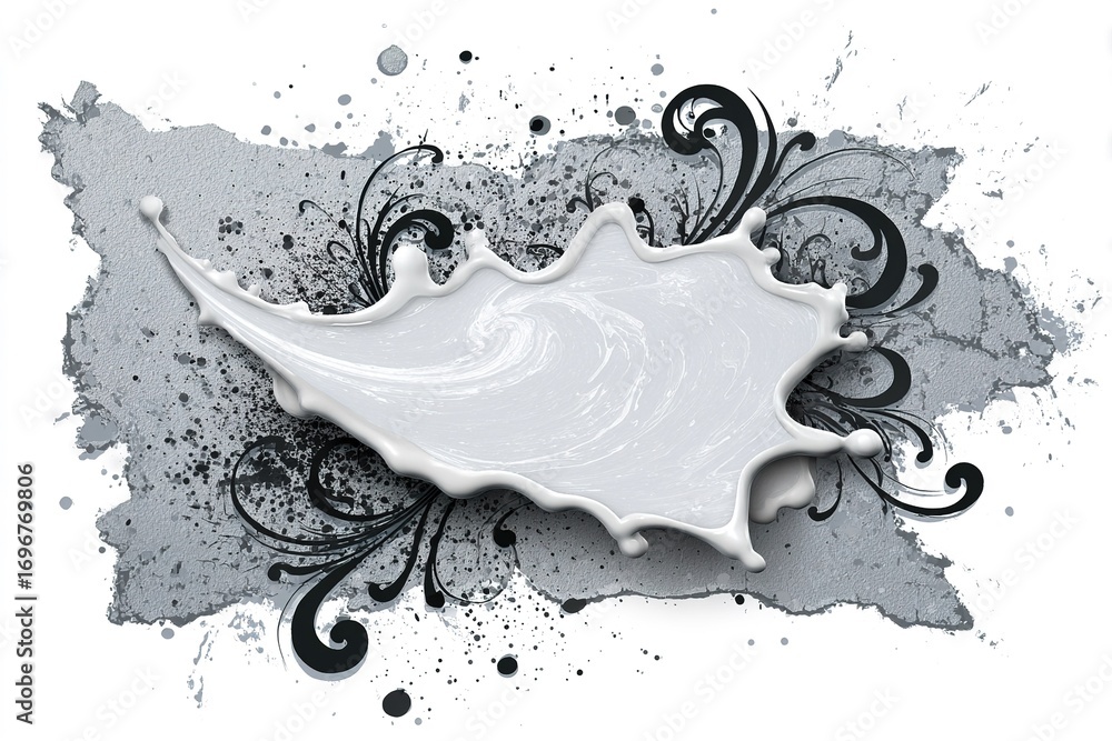 Poster creative abstract design featuring a splash of white paint on a textured gray background with swirli