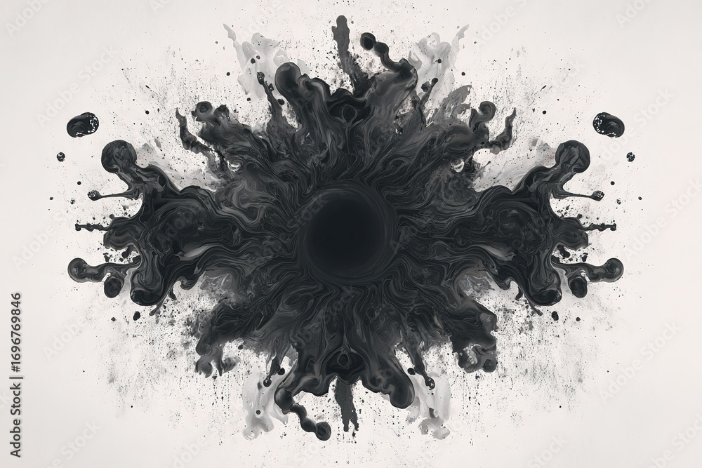 Poster monochrome ink splash creates an abstract visual explosion on a light background
