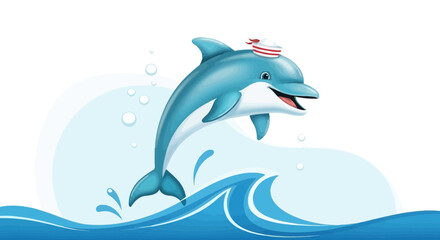 Obraz premium Happy Cartoon Dolphin Wearing Sailor Hat Splashing on Waves Under Cloudy Blue Sky
