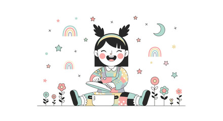 Happy Child Cook Smiling, Surrounded by Floral, Rainbows, and Celestial Motifs Illustration