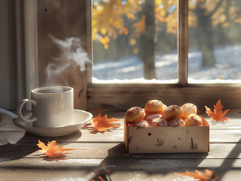 Warm scene with Timbits, steaming mug, fall decor, and frosted window light. Perfect cozy and flavorful visual