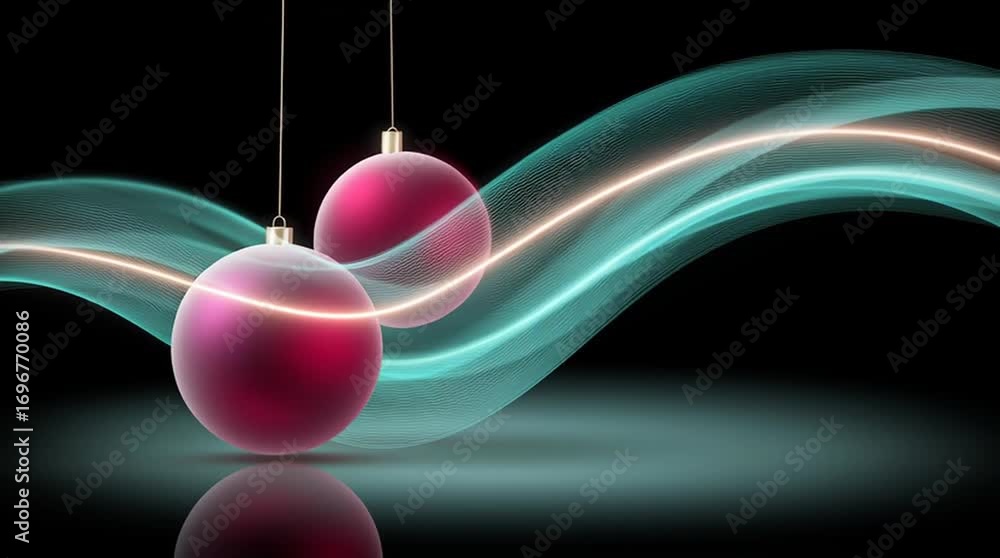 Poster decorative red ornaments suspended in motion, surrounded by flowing turquoise waves of light, creati