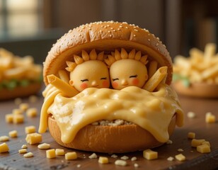 Adorable food characters snuggling in a cheesy burger with fries, perfect for whimsical food concepts
