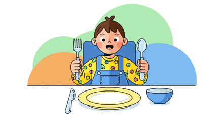 Naklejka premium Happy Child Ready To Eat Breakfast, Dinner, Or Any Meal On A Clean Table