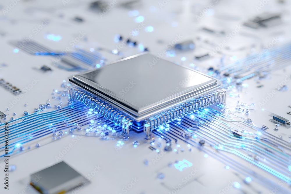 Poster microchip with glowing circuits in a high-tech environment showcasing advanced technology in modern 