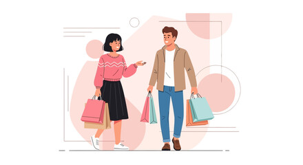 Happy Couple Carrying Shopping Bags, Enjoying The Time Together, Happiness And Satisfaction All