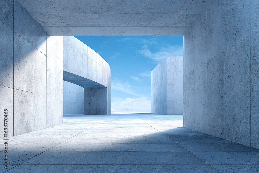 Poster modern architectural design featuring geometric structures and an open sky in a minimalist environme