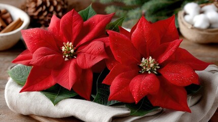 Festive red poinsettias arranged on a soft linen cloth surrounded by seasonal decorations in a cozy indoor setting