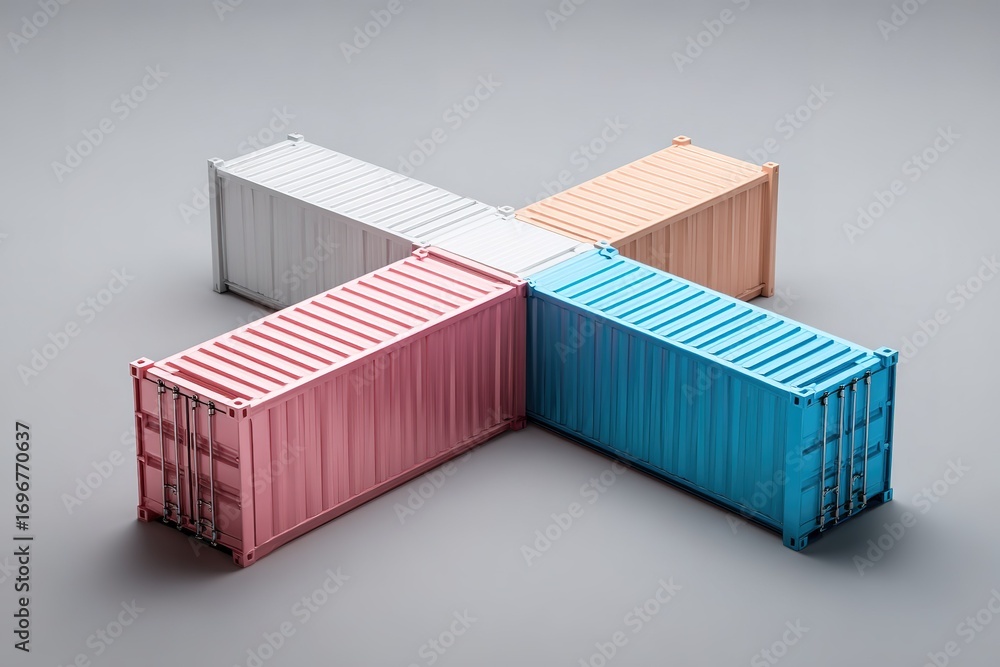 Aufkleber colorful shipping containers arranged in a cross pattern on a light background in an industrial sett
