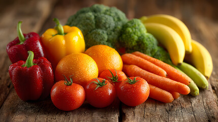 Colorful assortment of fresh fruits and vegetables including oranges, tomatoes, peppers, bananas, broccoli, and carrots arranged in a vibrant display.