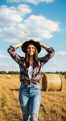 Happy woman in a hat smiling in a country hay field. Stylish cowgirl in a plaid shirt and jeans enjoying a sunny day. Rural lifestyle concept with copy space