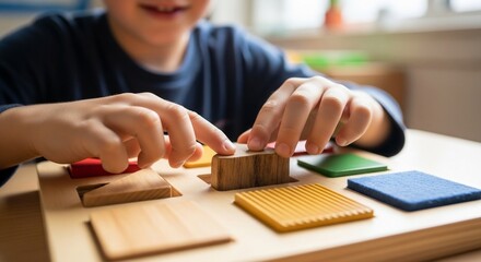 Child Playing with Wooden Shape Puzzle.
