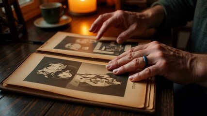 Hands gently flipping through a vintage photo album, evoking nostalgia and cherished memories.